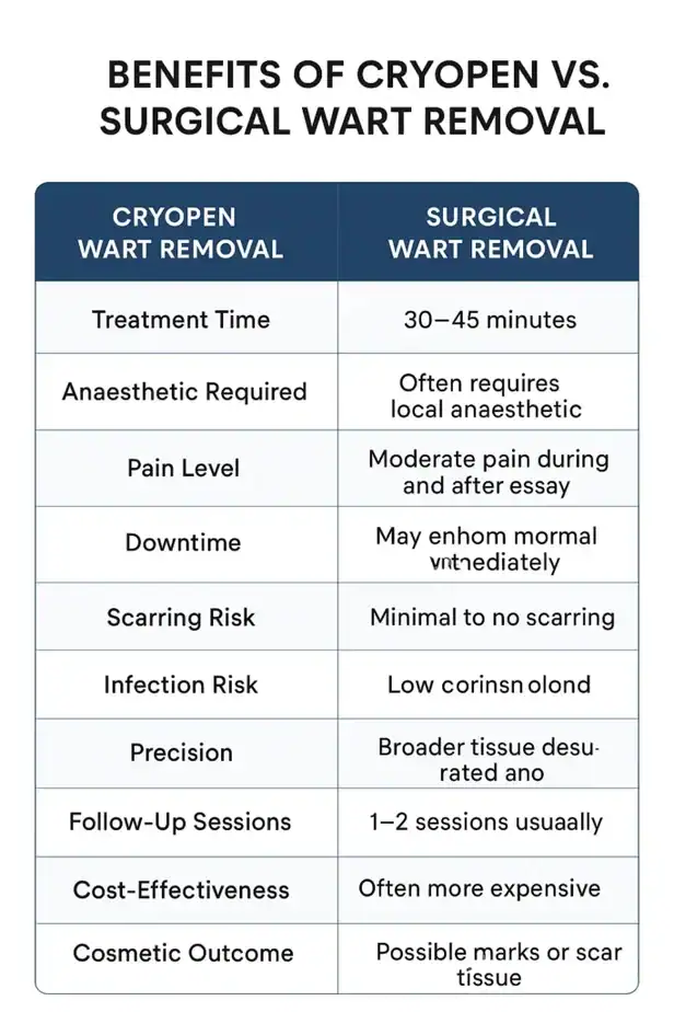 Table showing the benefits of cryopen to remove warts Buckingham compared to surgical treatment